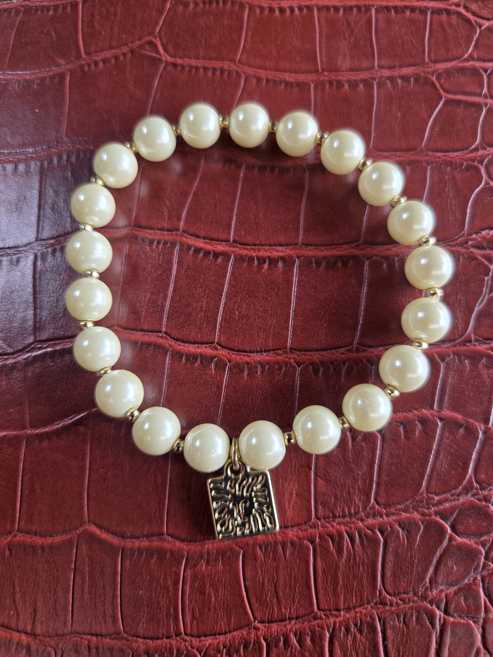 Anne Klein Cream Pearl Stretch Bracelet with Gold Charm